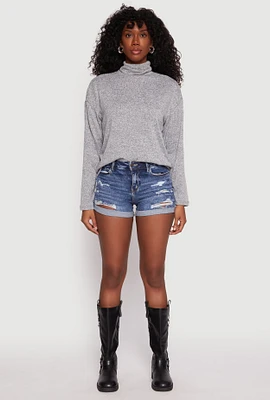 Womens WAX Distressed Fixed Cuff Denim Shorts, Blue, Size L