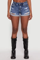 Womens WAX Distressed Fixed Cuff Denim Shorts, Blue, Size L
