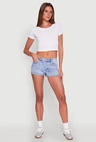 Womens WAX Rhinestone Back Pocket Denim Shorts, Blue,