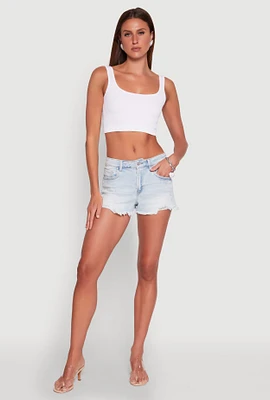 Womens WAX Distressed Frayed Hem Denim Shorts, Blue,