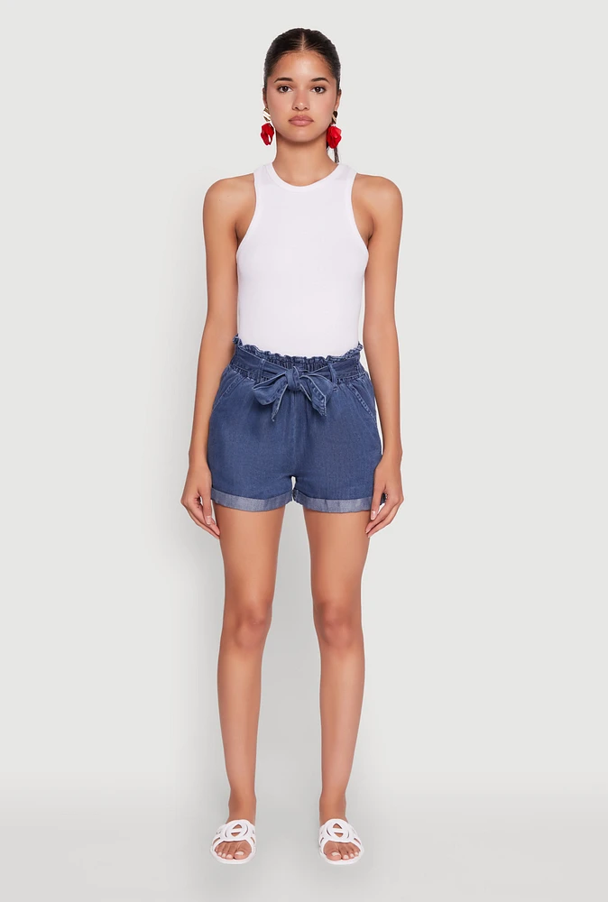 Womens WAX Denim Paper Bag Waist Cuffed Shorts, Blue, Size L