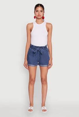 Womens WAX Denim Paper Bag Waist Cuffed Shorts, Blue, Size L
