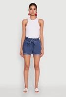 Womens WAX Denim Paper Bag Waist Cuffed Shorts, Blue, Size L