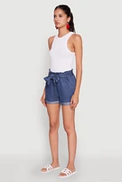 Womens WAX Denim Paper Bag Waist Cuffed Shorts, Blue, Size L
