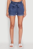 Womens WAX Denim Paper Bag Waist Cuffed Shorts, Blue, Size L