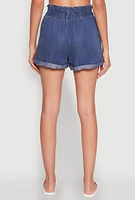 Womens WAX Denim Paper Bag Waist Cuffed Shorts, Blue, Size L