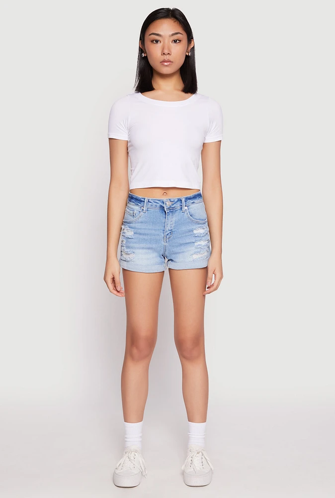 Womens WAX Distressed Denim Shorts, Blue, Size L