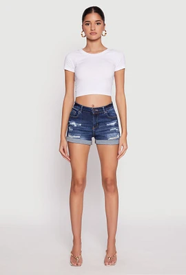 Womens WAX Distressed Denim Shorts, Blue,