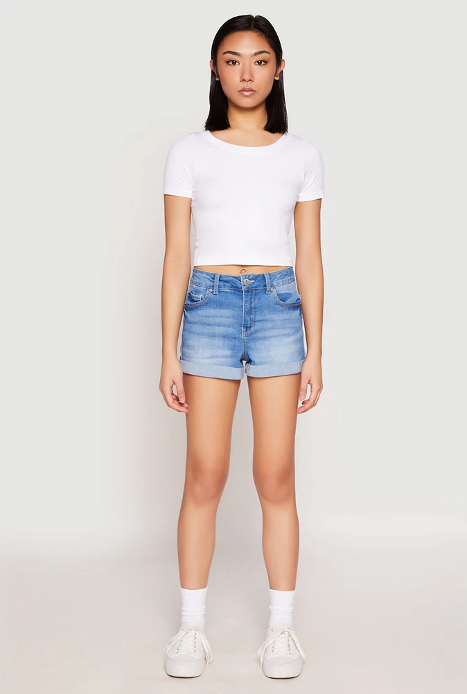 Womens WAX Fixed Cuff High Waist Denim Shorts, Blue, Size M
