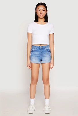 Womens WAX Fixed Cuff High Waist Denim Shorts, Blue, Size M