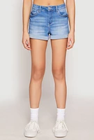 Womens WAX Fixed Cuff High Waist Denim Shorts, Blue,