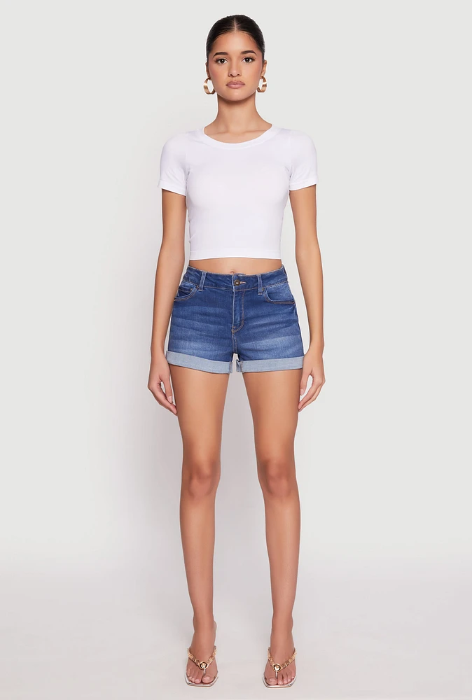 Womens WAX Fixed Cuff High Waist Denim Shorts, Blue, Size S