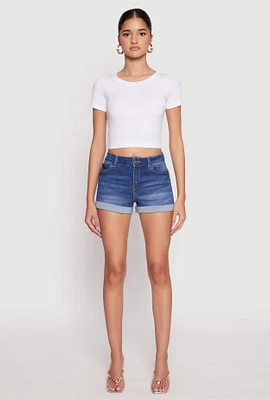 Womens WAX Fixed Cuff High Waist Denim Shorts, Blue, Size S