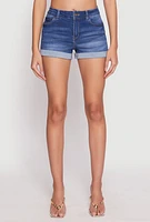 Womens WAX Fixed Cuff High Waist Denim Shorts, Blue,