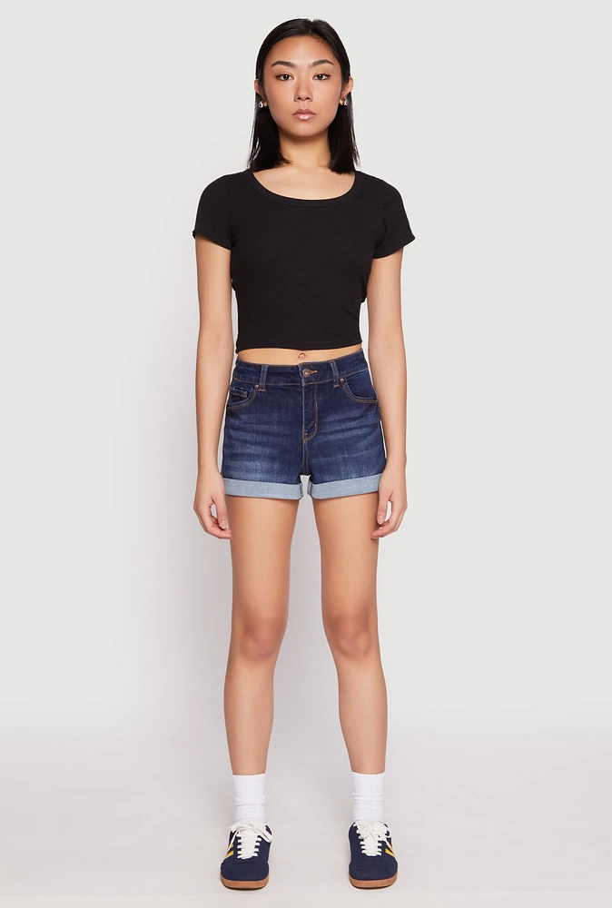 Womens WAX Fixed Cuff High Waist Denim Shorts, Blue,