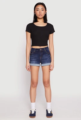 Womens WAX Fixed Cuff High Waist Denim Shorts, Blue,