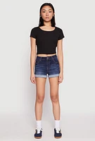 Womens WAX Fixed Cuff High Waist Denim Shorts, Blue,