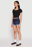 Womens WAX Fixed Cuff High Waist Denim Shorts, Blue,