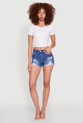 Womens WAX Frayed Denim Shorts, Blue, Size M