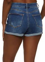 Womens WAX Roll Cuff Denim Shorts, Blue, Size S