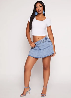 Womens Denim Buckle Detail Pleated Mini Skirt, Blue, Size M