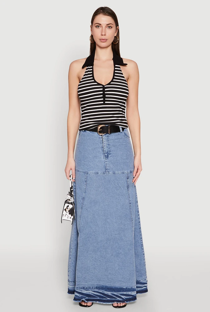 Womens Denim High Waist Raw Hem Maxi Skirt, Blue, Size S