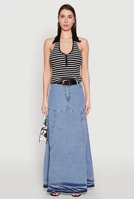 Womens Denim High Waist Raw Hem Maxi Skirt, Blue, Size S