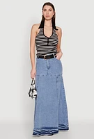 Womens Denim High Waist Raw Hem Maxi Skirt, Blue, Size S