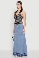 Womens Denim High Waist Raw Hem Maxi Skirt, Blue, Size S