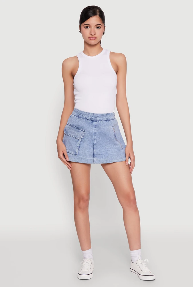 Womens Spoon Jeans Mineral Wash Zip Detail Denim Skort, Blue,