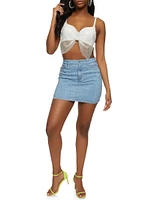 Womens Rhinestone Denim Mini Skirt, Blue, Size S