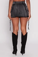 Womens Daisy Acid Wash Denim Mini Cargo Skirt,