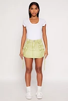 Womens Daisy Acid Wash Denim Mini Cargo Skirt, Green, Size M