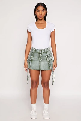Womens Daisy Acid Wash Denim Mini Cargo Skirt, Green, Size M