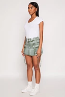 Womens Daisy Acid Wash Denim Mini Cargo Skirt, Green, Size M