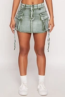 Womens Daisy Acid Wash Denim Mini Cargo Skirt, Green, Size M