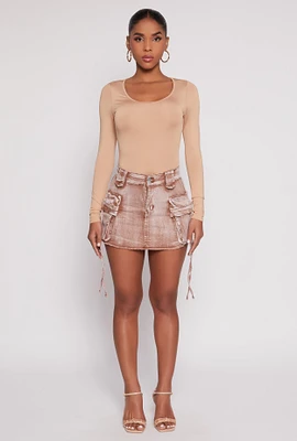 Womens Daisy Acid Wash Denim Mini Cargo Skirt,