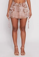 Womens Daisy Acid Wash Denim Mini Cargo Skirt,