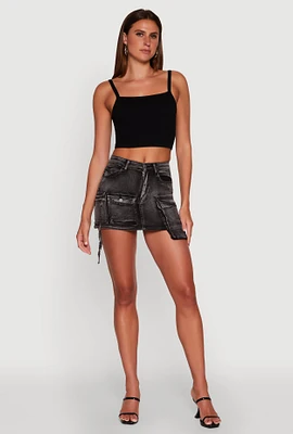 Womens Daisy Mineral Wash High Waisted Mini Denim Skirt with Cargo Pockets,