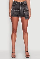 Womens Daisy Mineral Wash High Waisted Mini Denim Skirt with Cargo Pockets,