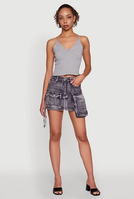 Womens Daisy Mineral Wash High Waisted Mini Denim Skirt with Cargo Pockets,