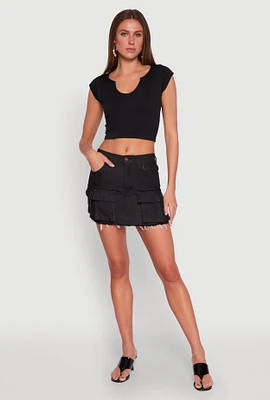 Womens Daisy Frayed Hem Denim Cargo Skirt,
