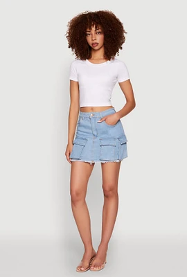 Womens Daisy Frayed Hem Denim Cargo Skirt, Blue,