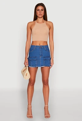 Womens Daisy Frayed Hem Denim Cargo Skirt, Blue,