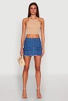 Womens Daisy Frayed Hem Denim Cargo Skirt, Blue,
