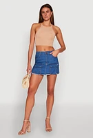 Womens Daisy Frayed Hem Denim Cargo Skirt, Blue,