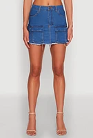 Womens Daisy Frayed Hem Denim Cargo Skirt, Blue,