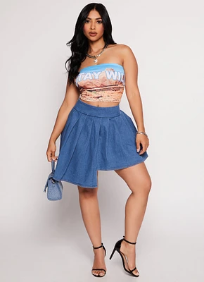 Womens Daisy Denim Pleated Asymmetrical Skort, Blue, Size S