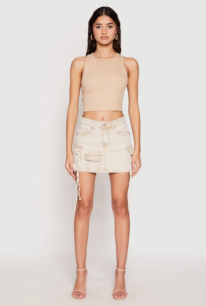 Womens VIP Acid Wash Denim Cargo Skirt, Khaki, Size XL
