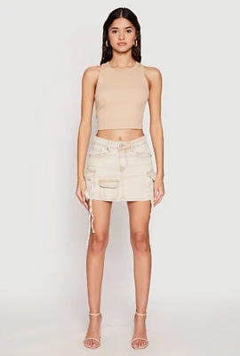 Womens VIP Acid Wash Denim Cargo Skirt, Khaki, Size XL